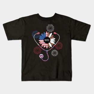 Sunflower Stethoscope Nurse Fourth 4th Of July RN Women Kids T-Shirt